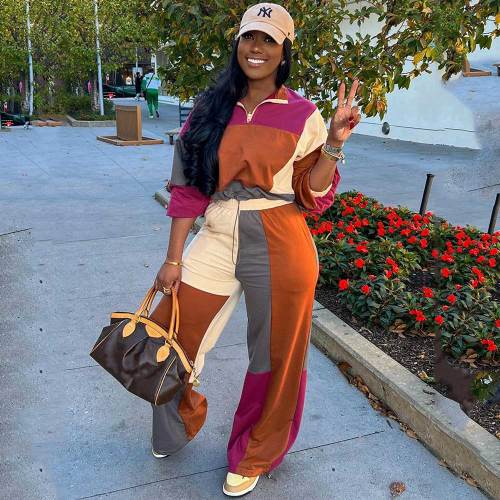 Solid Color Colorblock Contrast Two-piece Pant Set