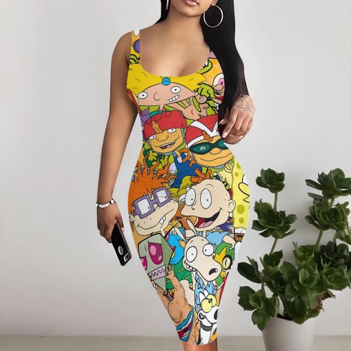 1 Piece Custom Casual Print Cartoon Sleeveless Midi Dresses