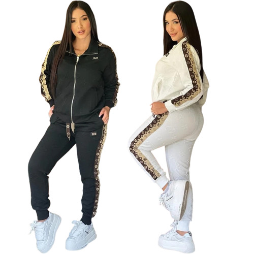 Casual Long Sleeve Sportswear Sweatshirt Embossed Zipper Pant Set