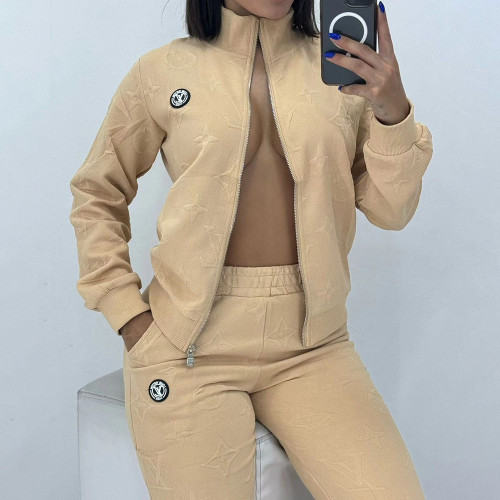 Casual Embossed Embroidery Thread Zipper Women Two Piece Pant Set