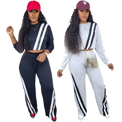 Women's Casual Sportswear Stitching Straight Wide-leg Trousers Set