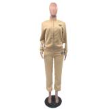 Casual Embossed Embroidery Thread Zipper Women Two Piece Pant Set