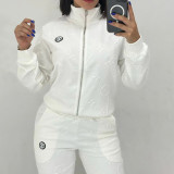 Casual Embossed Embroidery Thread Zipper Women Two Piece Pant Set