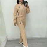 Casual Embossed Embroidery Thread Zipper Women Two Piece Pant Set