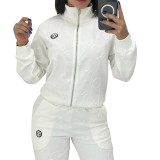 Casual Embossed Embroidery Thread Zipper Women Two Piece Pant Set