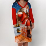 1 Piece Custom Casual Print V Neck Long Sleeve Plus Size Christmas Midi Dress