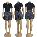 Casual Sports Lapel Short Sleeve Pleated Skirt Set