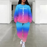 1 Piece Custom Casual Print Short Sleeve Gradient Pant Set