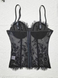 Women's Bustiers Vintage Corset Low Cut Tie Sheer Mesh Lace Ruffle Tank Top