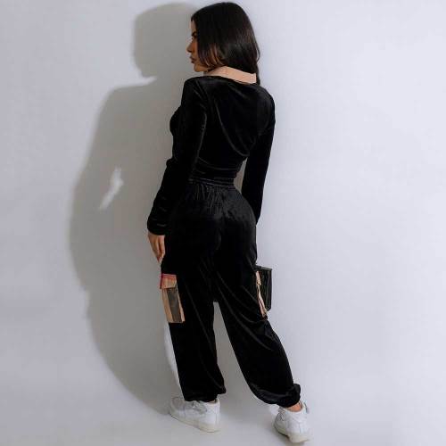 Casual Printed Plaid Stitching Gold Velvet Long Sleeve Trousers Outfits Set
