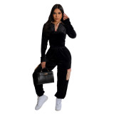 Casual Printed Plaid Stitching Gold Velvet Long Sleeve Trousers Outfits Set