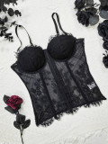 Women's Bustiers Vintage Corset Low Cut Tie Sheer Mesh Lace Ruffle Tank Top