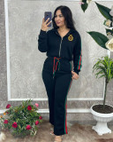 Winter Embroidery Embossed Long Sleeve Zipper Sportswear Hooded Pant Set