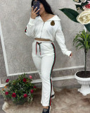 Winter Embroidery Embossed Long Sleeve Zipper Sportswear Hooded Pant Set