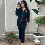 Winter Embroidery Embossed Long Sleeve Zipper Sportswear Hooded Pant Set
