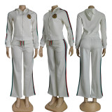 Winter Embroidery Embossed Long Sleeve Zipper Sportswear Hooded Pant Set