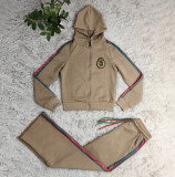 Winter Embroidery Embossed Long Sleeve Zipper Sportswear Hooded Pant Set