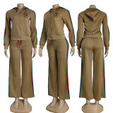 Winter Embroidery Embossed Long Sleeve Zipper Sportswear Hooded Pant Set