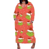 1 Piece Custom Casual Print V Neck Long Sleeve Christmas Plus Size Maxi Dress