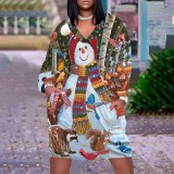1 Piece Custom Casual Print V Neck Long Sleeve Plus Size Christmas Midi Dress