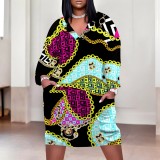 1 Piece Custom Casual Print V Neck Long Sleeve Plus Size Midi Dress