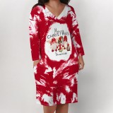 1 Piece Custom Casual Print V Neck Long Sleeve Christmas Plus Size Midi Dress