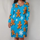 1 Piece Custom Casual Print V Neck Long Sleeve Plus Size Christmas Midi Dress