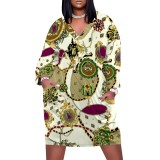 1 Piece Custom Casual Print V Neck Long Sleeve Plus Size Midi Dress