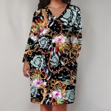 1 Piece Custom Casual Print V Neck Long Sleeve Plus Size Midi Dress