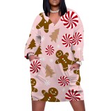1 Piece Custom Casual Print V Neck Long Sleeve Plus Size Christmas Midi Dress