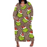 1 Piece Custom Casual Print V Neck Long Sleeve Christmas Plus Size Maxi Dress