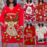 1 Piece Custom Casual Print V Neck Long Sleeve Christmas Plus Size Midi Dress