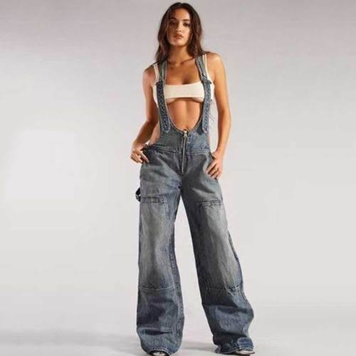 Denim Jumpsuit Sleeveless Cut out Adjustable Zip Up Baggy Long Wide Leg