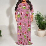 1 Piece Custom Casual Print 3/4 Sleeve Christmas Plus Size Maxi Dress