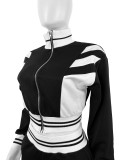 Double-layer Thread Colorblock Cropped Zipper Lougewear Set