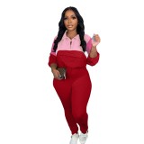 Athleisure Contrast Color Zipper Sweatshirt Tight Pants Sports Two-Piece Set