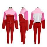 Athleisure Contrast Color Zipper Sweatshirt Tight Pants Sports Two-Piece Set