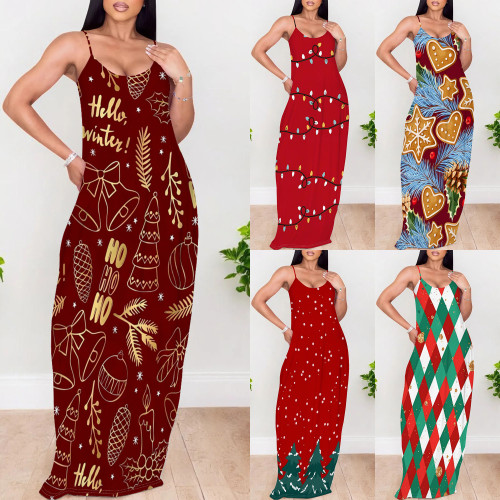 1 Piece Custom Casual Print Straps V Neck Long Dresses