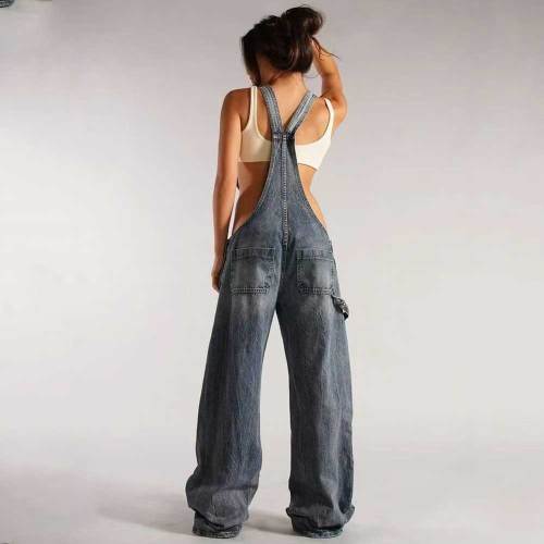 Denim Jumpsuit Sleeveless Cut out Adjustable Zip Up Baggy Long Wide Leg