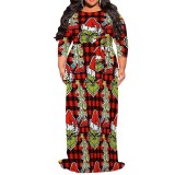 1 Piece Custom Casual Print 3/4 Sleeve Christmas Plus Size Maxi Dress