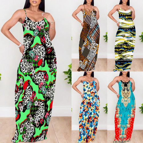 1 Piece Custom Casual Print Straps V Neck Long Dresses