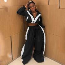 Contrast Color 2pcs/Set Casual Sports Long Sleeve Cardigan And Pants