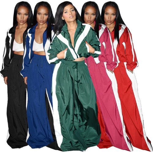Contrast Color 2pcs/Set Casual Sports Long Sleeve Cardigan And Pants