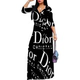 1 Piece Custom Casual Print Long Sleeve V Neck Long Dresses