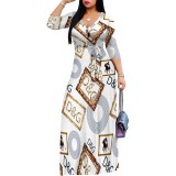 1 Piece Custom Casual Print Long Sleeve V Neck Long Dresses