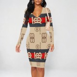 1 Piece Custom Casual Print V Neck Long Sleeve Midi Dresses