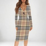 1 Piece Custom Casual Print V Neck Long Sleeve Midi Dresses