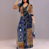 1 Piece Custom Casual Print V Neck Maxi Dresses Imitation Denim Puff Sleeves