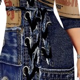 1 Piece Custom Casual Print V Neck Maxi Dresses Imitation Denim Puff Sleeves