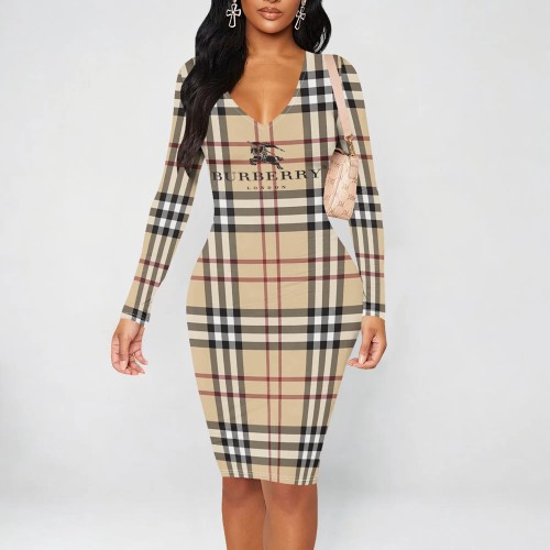 1 Piece Custom Casual Print V Neck Long Sleeve Midi Dresses